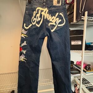 Ed Hardy Dark Blue Men's Jeans with Graphic Design